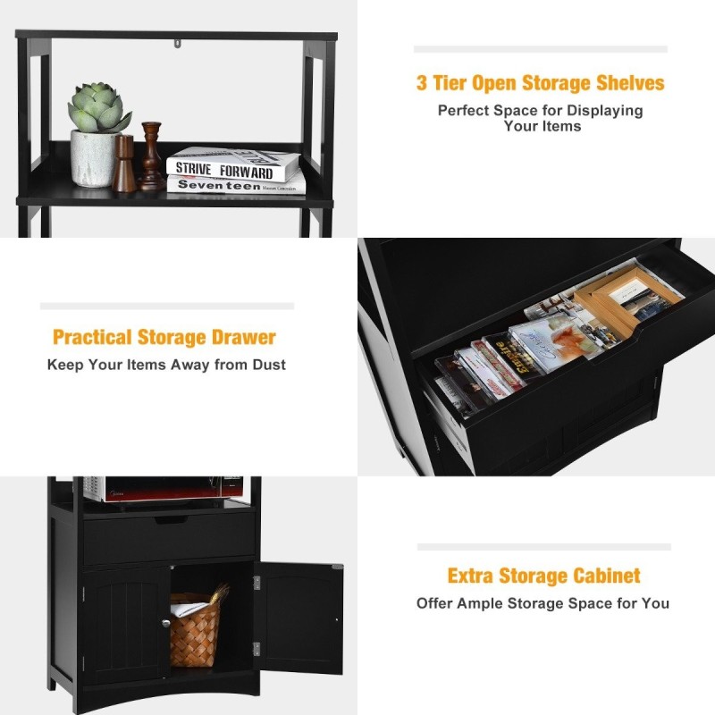 Vapaasti seisova musta kylpyhuonekaappi ovilla ja hyllyillä