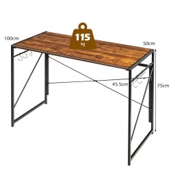 Taitettava rustiikkinen työpöytä metallirungolla ja koukuilla