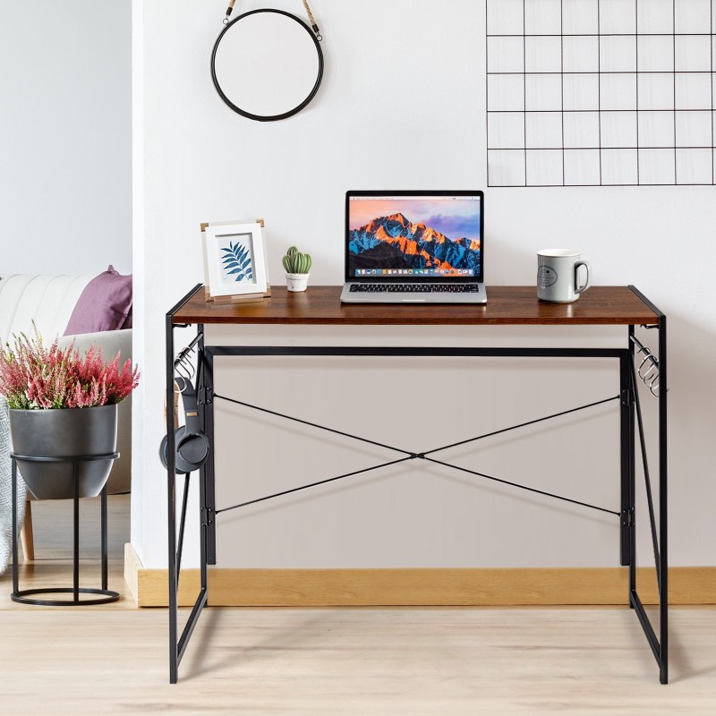 Taitettava ruskea tietokonepöytä, kestävä ja tilaa säästävä