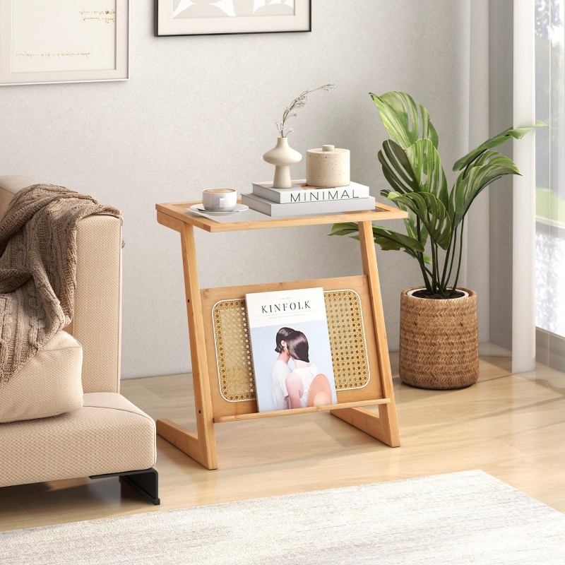 Boheemi z-muotoinen bambupöytä rattan-hyllyllä luonnollinen Boheemi z-muotoinen bambupöytä rattan-hyllyllä luonnollinen