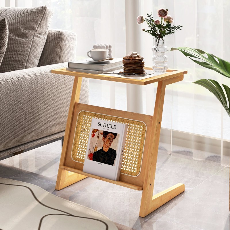 Boheemi z-muotoinen bambupöytä rattan-hyllyllä luonnollinen Boheemi z-muotoinen bambupöytä rattan-hyllyllä luonnollinen