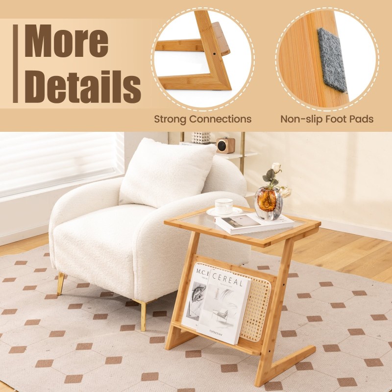 Boheemi z-muotoinen bambupöytä rattan-hyllyllä luonnollinen Boheemi z-muotoinen bambupöytä rattan-hyllyllä luonnollinen