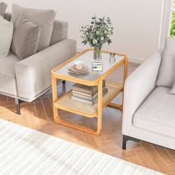 Kaksitasoinen bambu-rottinki sivupöytä lasikannella luonnonvärinen