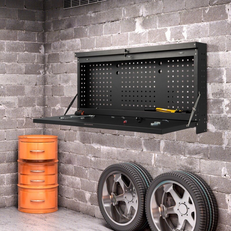 Seinään kiinnitettävä musta taittuva työpöytä työkalutaululla