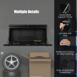 Seinään kiinnitettävä musta taittuva työpöytä työkalutaululla