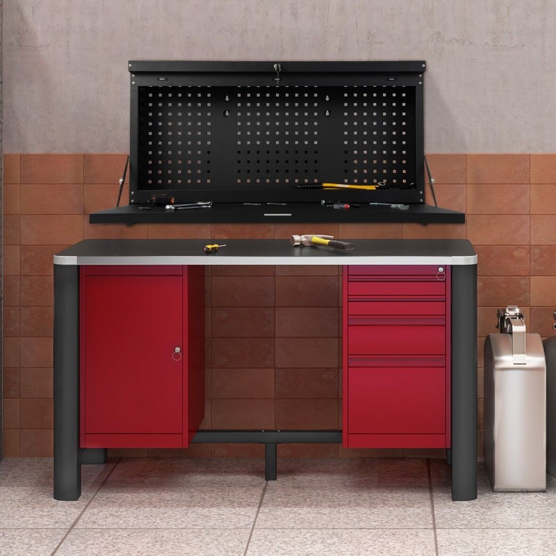 Seinään kiinnitettävä musta taittuva työpöytä työkalutaululla