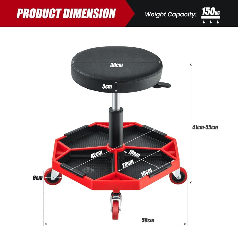 Pneumaattinen punamusta työpajatuoli säädettävällä korkeudella ja työkalutarjottimella