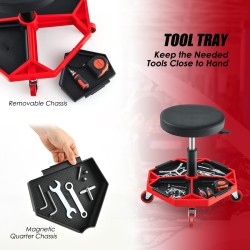 Pneumaattinen punamusta työpajatuoli säädettävällä korkeudella ja työkalutarjottimella