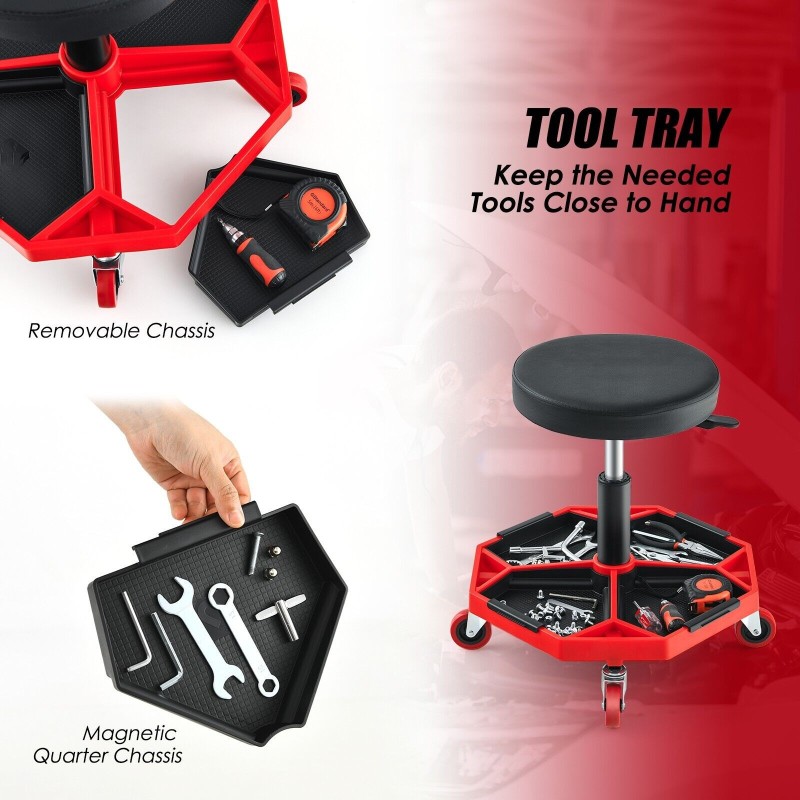 Pneumaattinen punamusta työpajatuoli säädettävällä korkeudella ja työkalutarjottimella