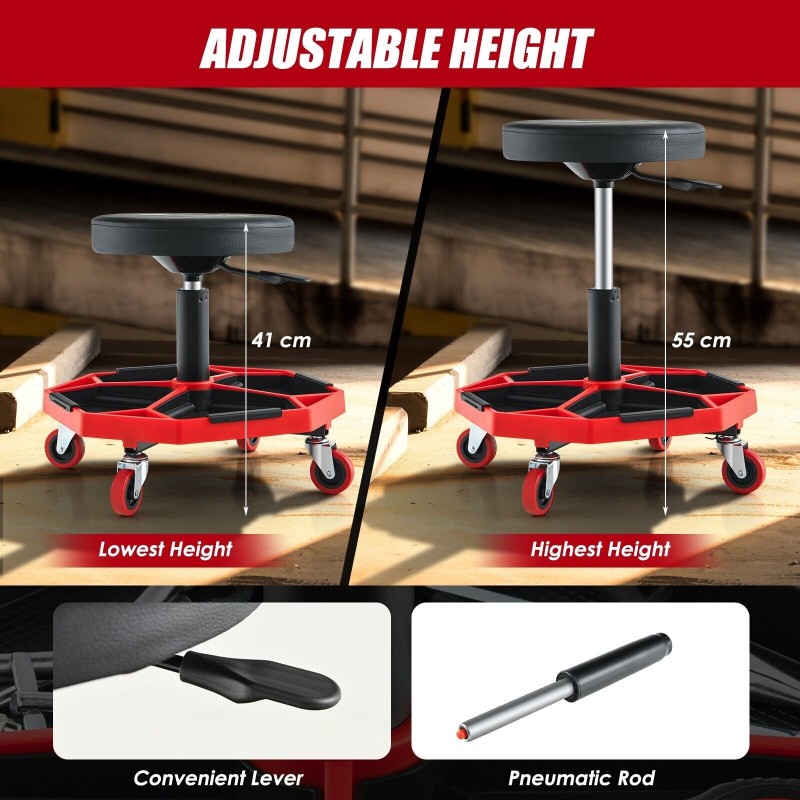 Pneumaattinen punamusta työpajatuoli säädettävällä korkeudella ja työkalutarjottimella