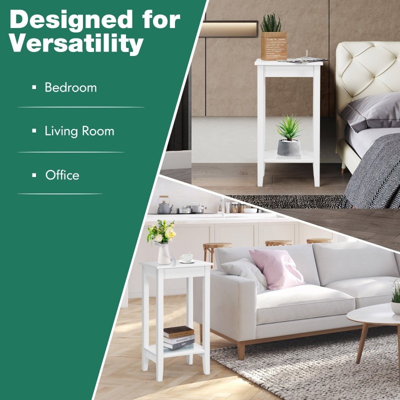 Kaksitasoinen valkoinen puinen apupöytä massiivipuujaloilla