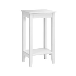 Kaksitasoinen valkoinen puinen apupöytä massiivipuujaloilla