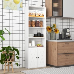 Valkoinen kuusitasoinen kirjahylly maalaisromanttisella kaapilla