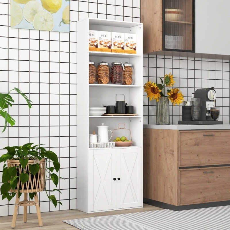 Valkoinen kuusitasoinen kirjahylly maalaisromanttisella kaapilla