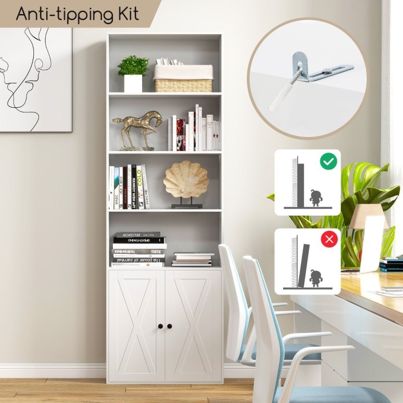 Valkoinen kuusitasoinen kirjahylly maalaisromanttisella kaapilla