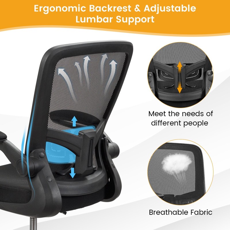 Korkeaselkäinen musta verkkotoimistotuoli kääntyvillä käsinojilla