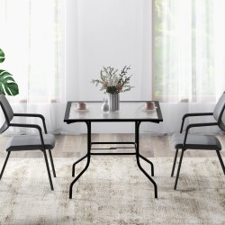 Musta terassipöytä karkaistulla lasilla ja varjonreiällä