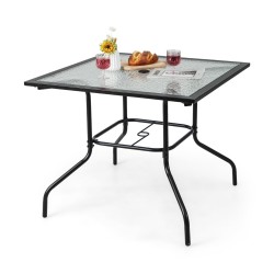 Musta terassipöytä karkaistulla lasilla ja varjonreiällä