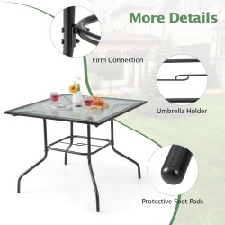 Musta terassipöytä karkaistulla lasilla ja varjonreiällä