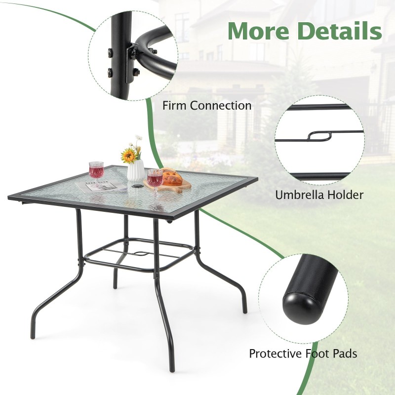 Musta terassipöytä karkaistulla lasilla ja varjonreiällä