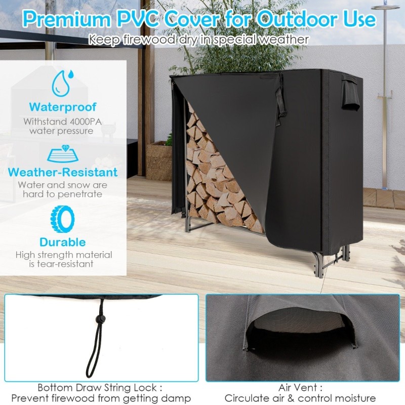 Metallinen kaminapuun säilytyshylly vedenpitävällä suojuksella musta