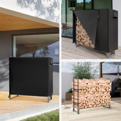 Metallinen kaminapuun säilytyshylly vedenpitävällä suojuksella musta