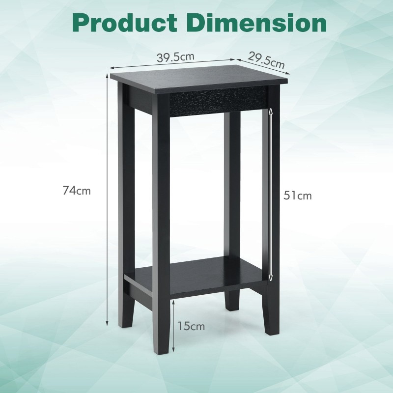 Musta yöpöytä kahdella hyllyllä ja puujaloilla