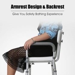 Säädettävä valkoinen suihkutuoli selkänojalla ja käsinojilla