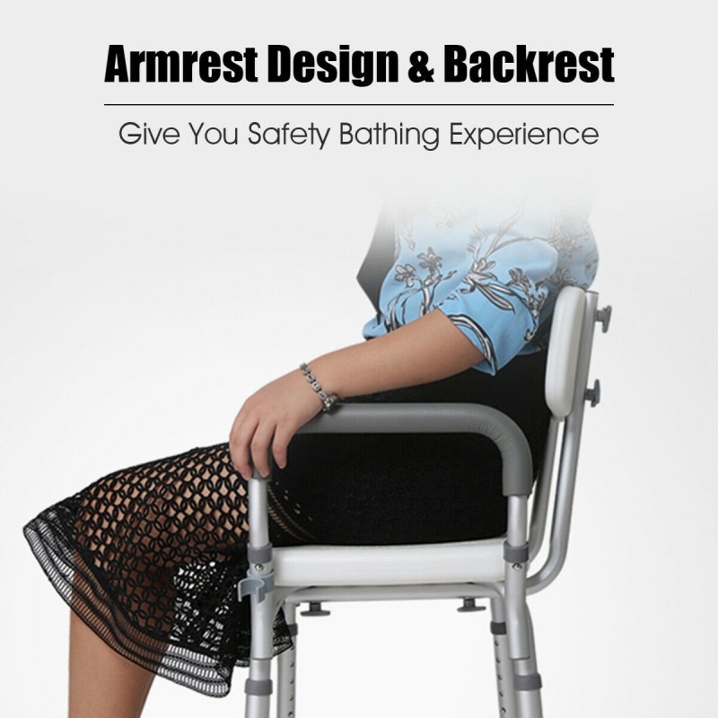 Säädettävä valkoinen suihkutuoli selkänojalla ja käsinojilla