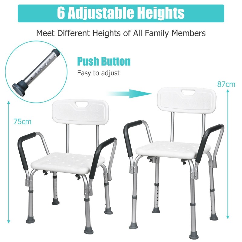 Säädettävä valkoinen suihkutuoli selkänojalla ja käsinojilla