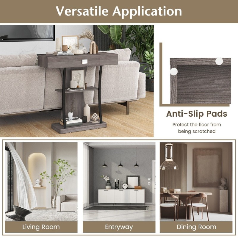 T-muotoinen harmaa konsolipöytä pieniin tiloihin