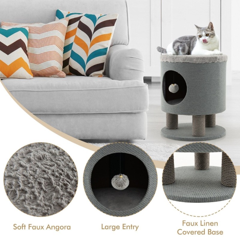 Kissan pesäjakkara raapimapylväillä ja leikkipallolla - harmaa