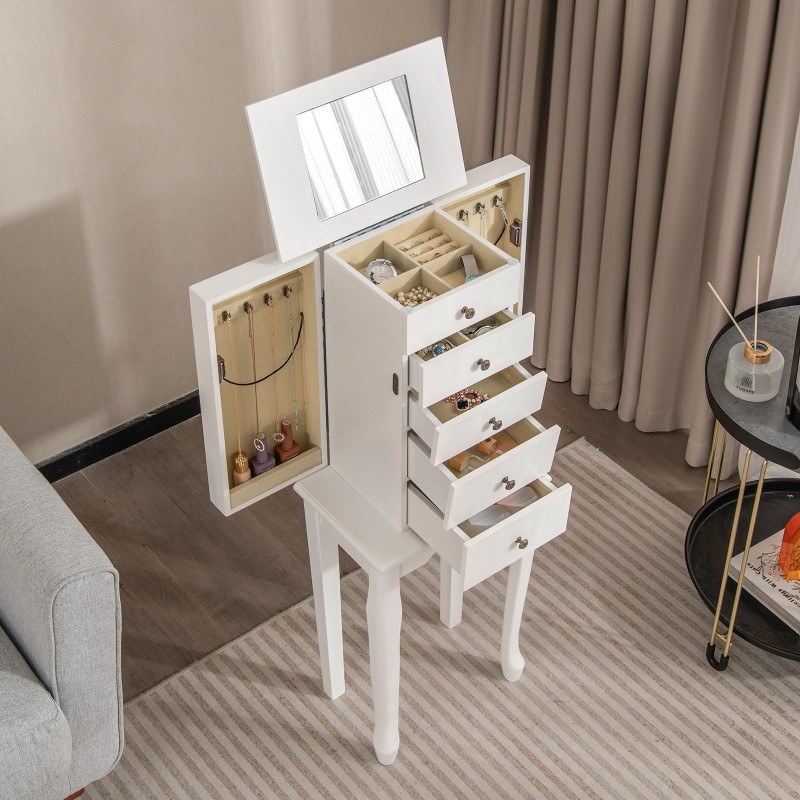 Valkoinen vapaasti seisova korukaappi peilillä ja sivuovella