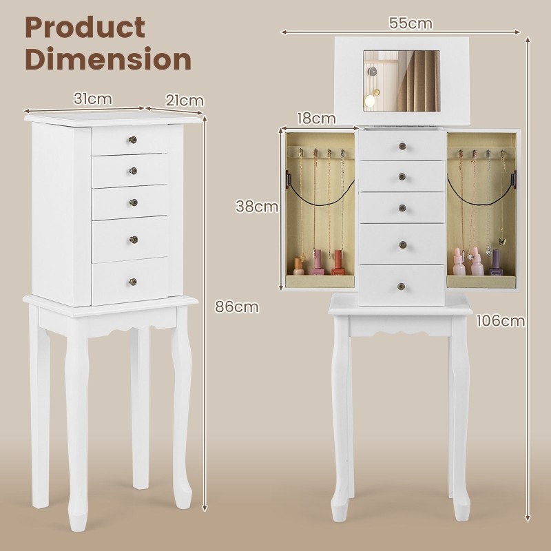 Valkoinen vapaasti seisova korukaappi peilillä ja sivuovella