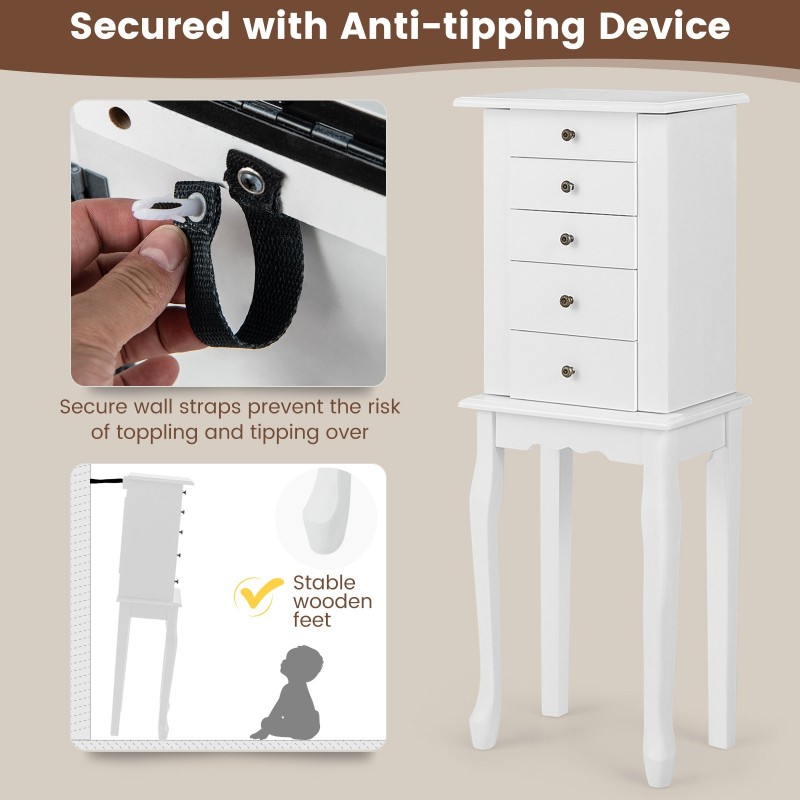 Valkoinen vapaasti seisova korukaappi peilillä ja sivuovella