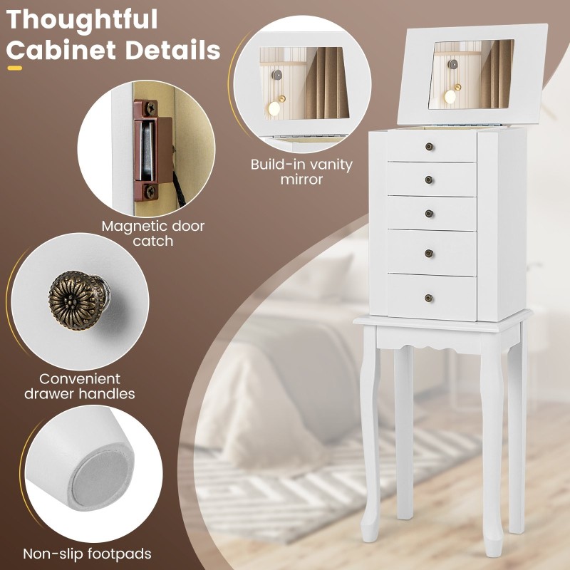 Valkoinen vapaasti seisova korukaappi peilillä ja sivuovella