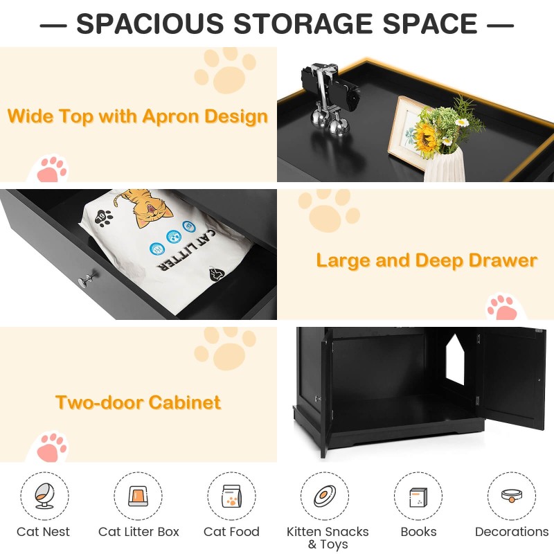 Monikäyttöinen musta kissatalo ja sivupöytä kahdella ovella