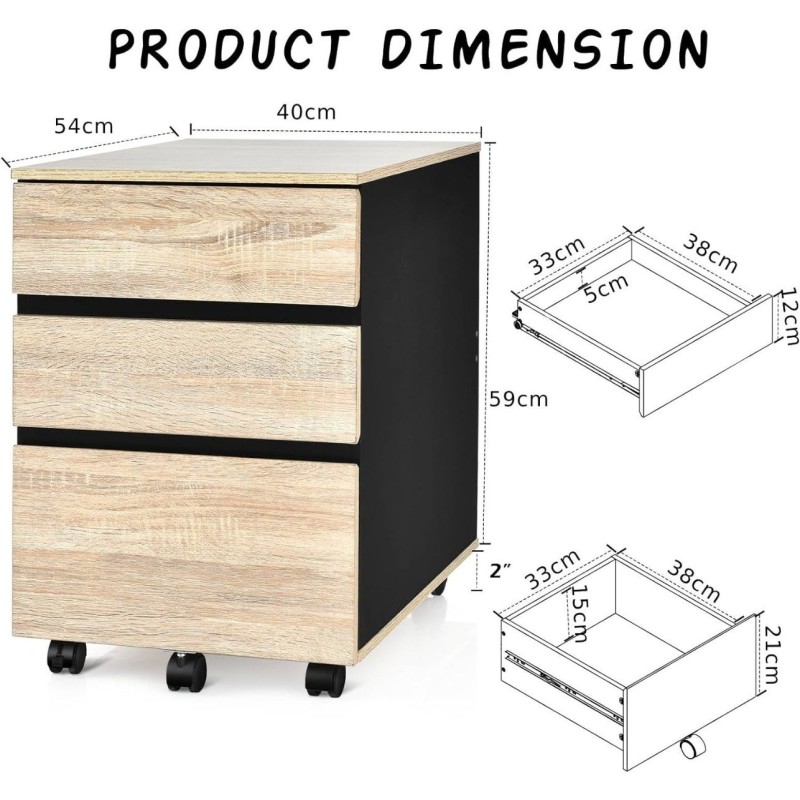 3-laatikkoinen liikuteltava arkistokaappi pyörillä, luonnonväri