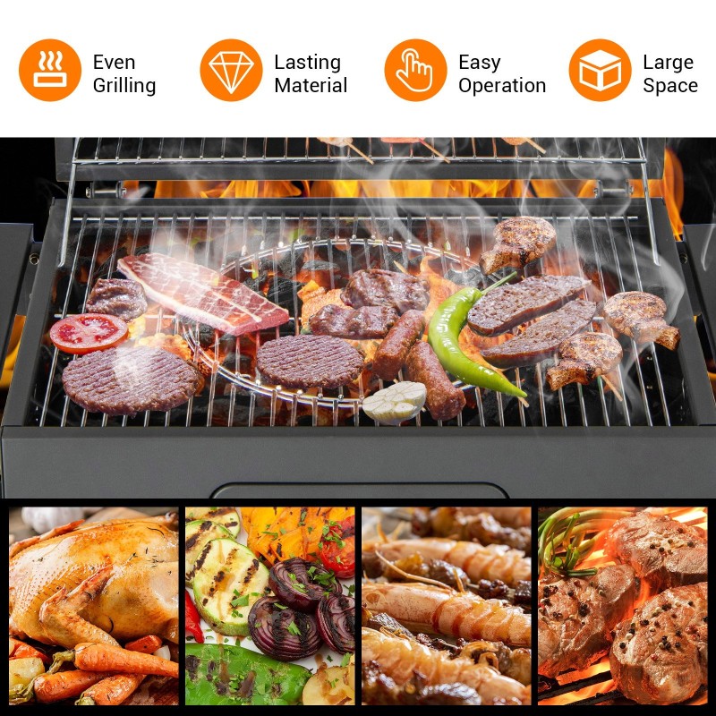 Hiiligrilli taitettavilla sivupöydillä, koukuilla ja pyörillä