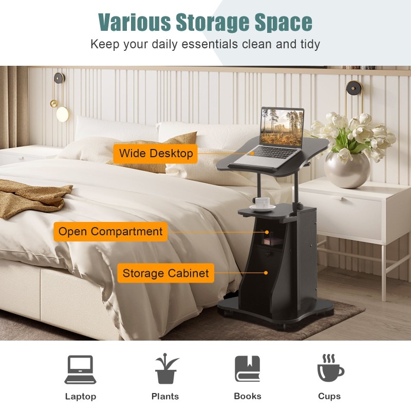 Korkeussäädettävä musta tietokonepöytä säilytyskaapilla ja pyörillä