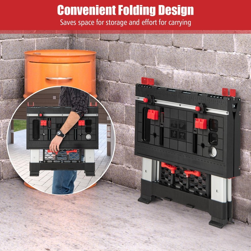 Kokoontaitettava monikäyttöinen työpöytä ja sahapukki, punainen/musta