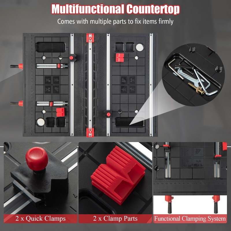 Kokoontaitettava monikäyttöinen työpöytä ja sahapukki, punainen/musta