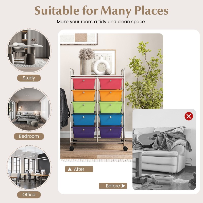 Rullaava säilytysvaunu 10 laatikolla, läpinäkyvä värikäs design