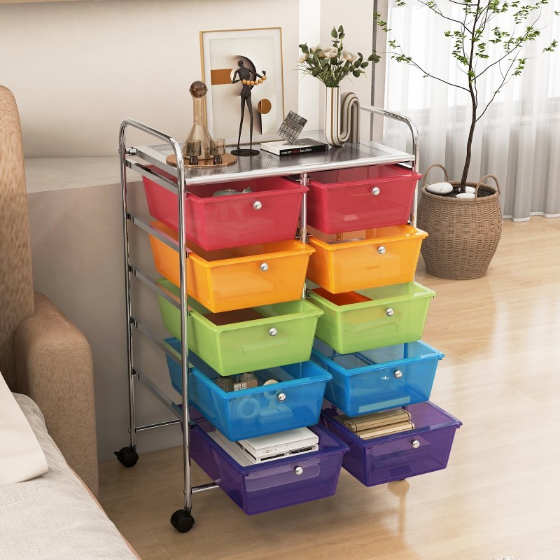 Rullaava säilytysvaunu 10 laatikolla, läpinäkyvä värikäs design