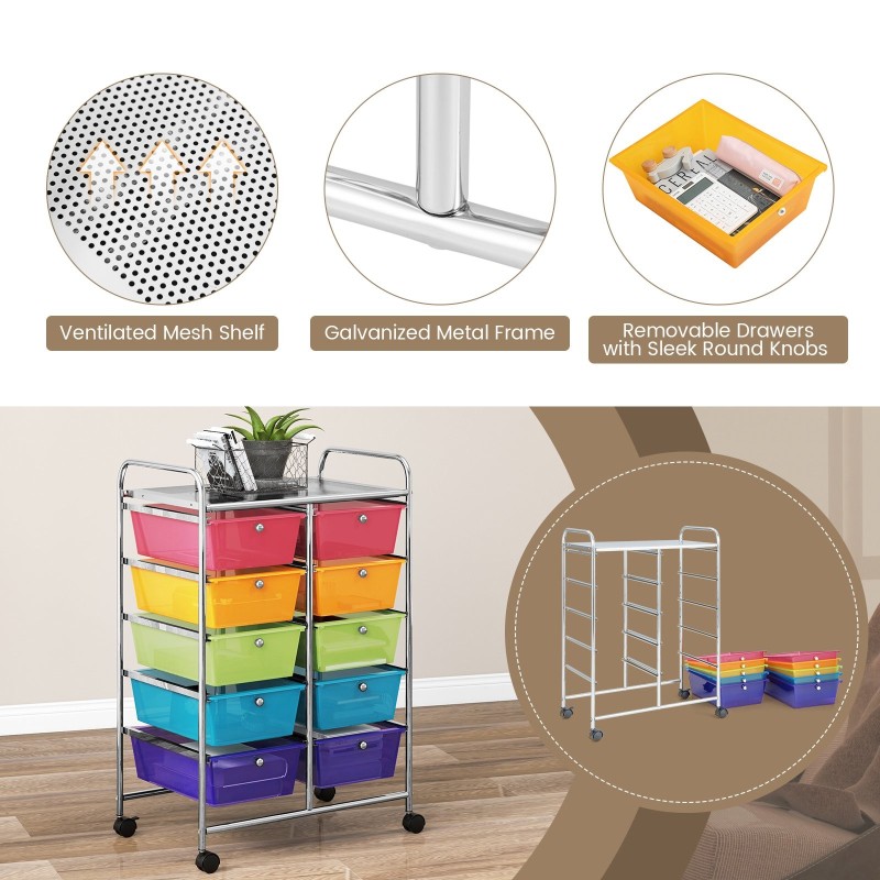 Rullaava säilytysvaunu 10 laatikolla, läpinäkyvä värikäs design