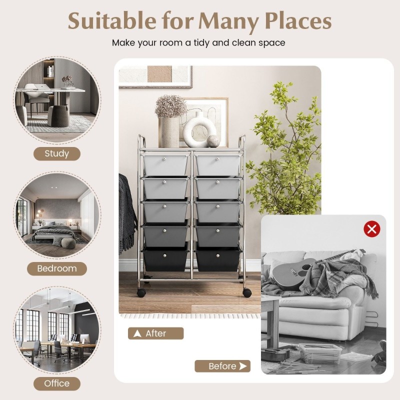 Rullakärry 10-laatikolla työkaluille ja askarteluun harmaa-musta