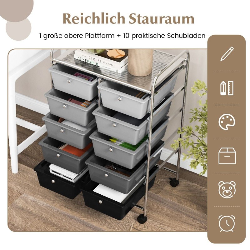 Monikäyttöinen säilytyskärry 10 laatikolla, liikuteltava, musta gradiendi