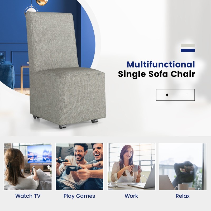 Moderni harmaa verhoiltu armless-aksenttituoli vastuskastimilla