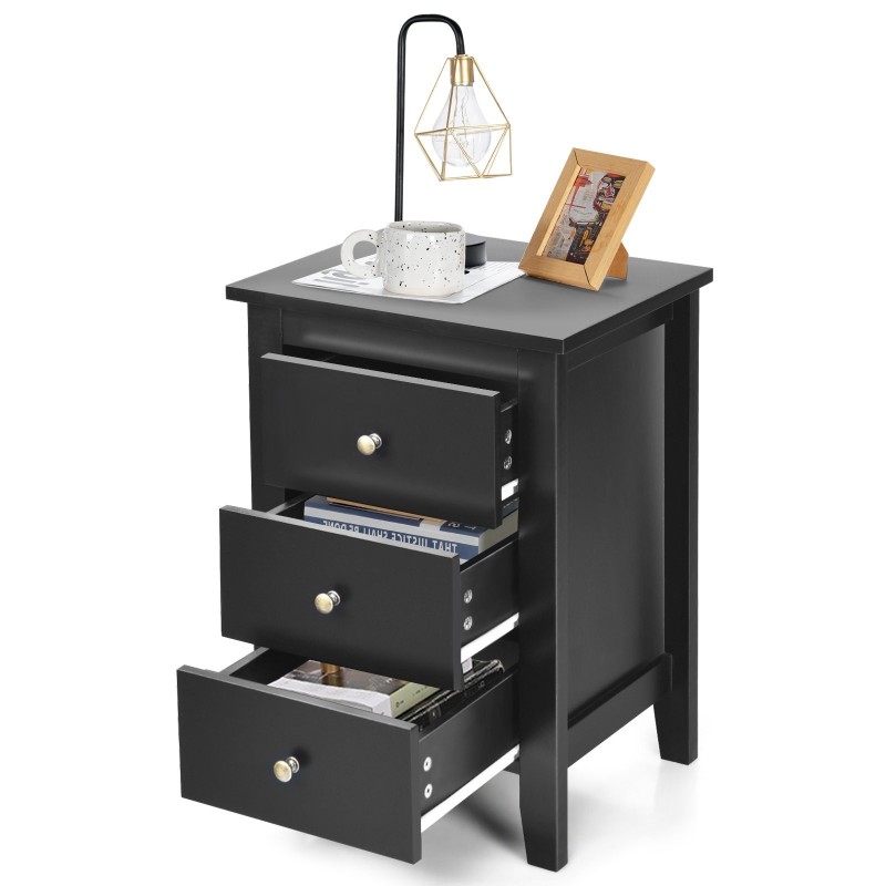 Musta yöpöytä 3 laatikolla, moderni ja kestävä muotoilu