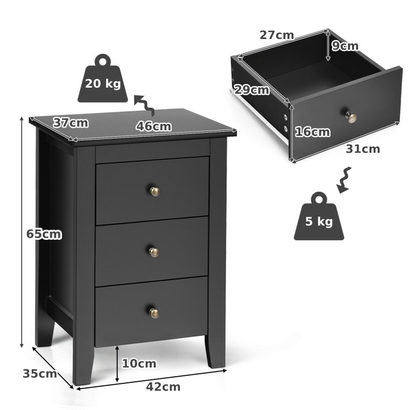 Musta yöpöytä 3 laatikolla, moderni ja kestävä muotoilu